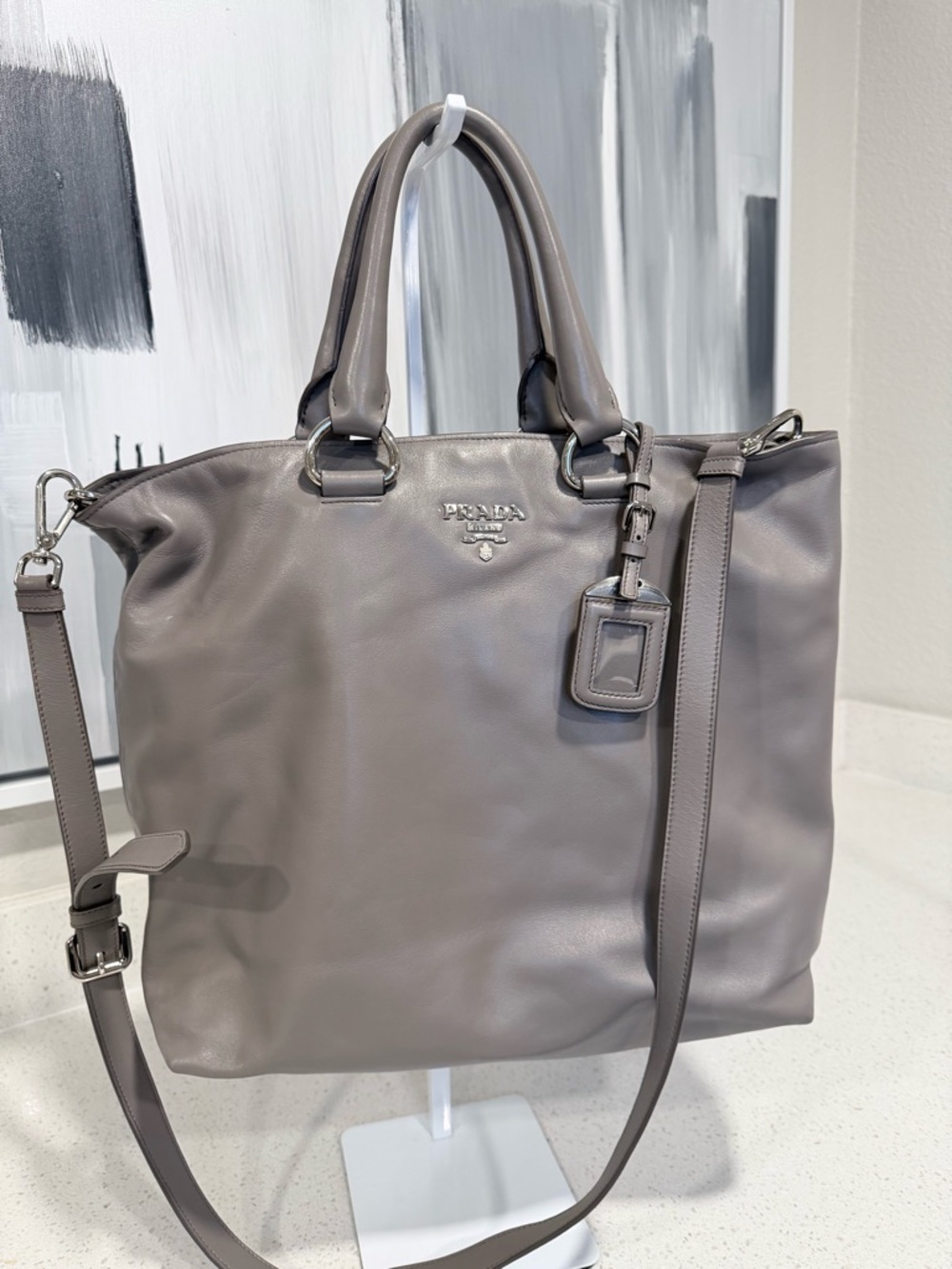 Prada Taupe Leather Shopper Tote